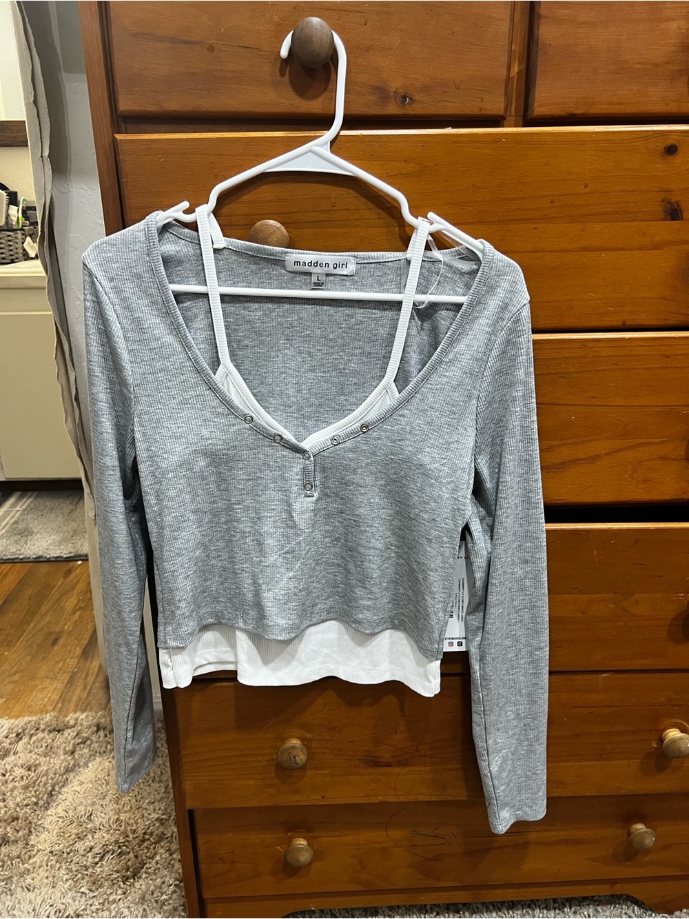 Madden Girl Gray Layered Henley Crop Long Sleeve Top